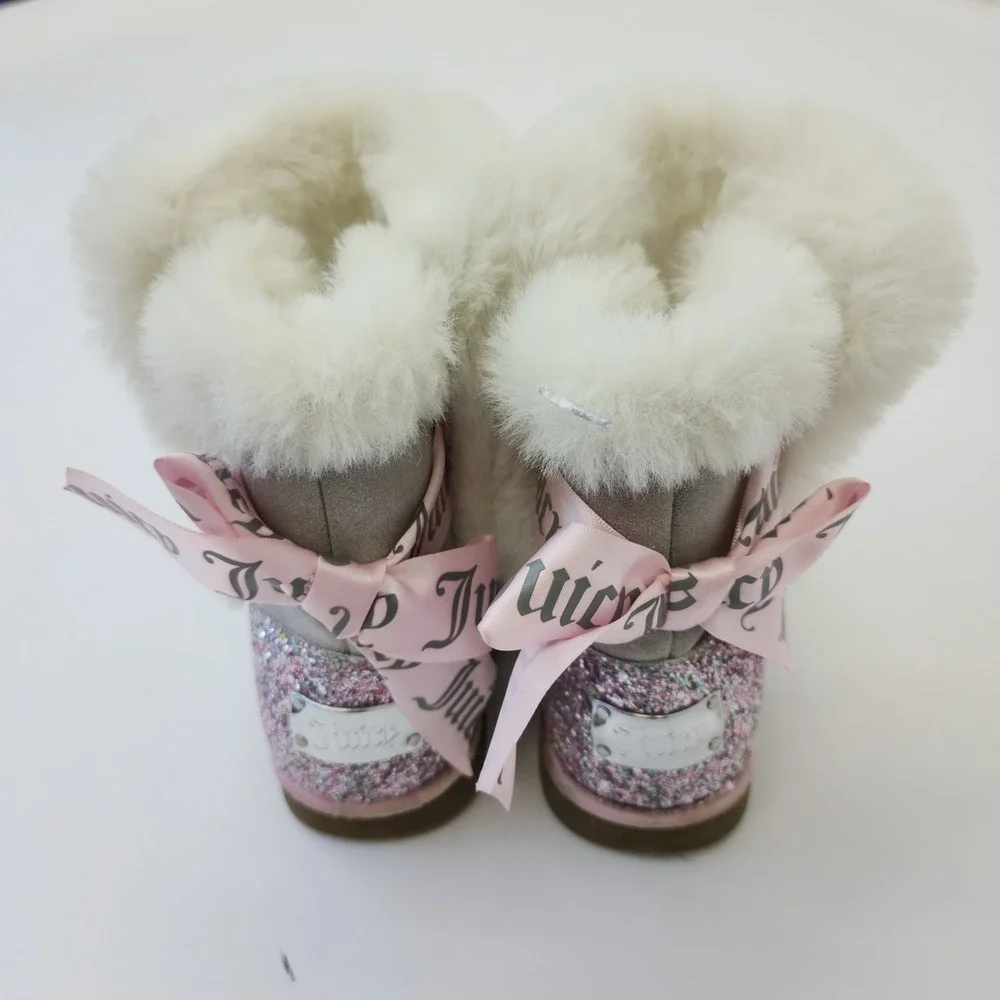 Juicy Couture Claremont Grey Faux Fur Glitter Bow Boots Girls Size 2M